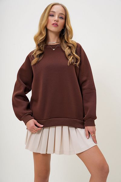 Trend Alaçatı Stili Women's Brown Crew Neck Raglan Sleeve Three Thread Raster Basic Sweatshirt Alc-X13180