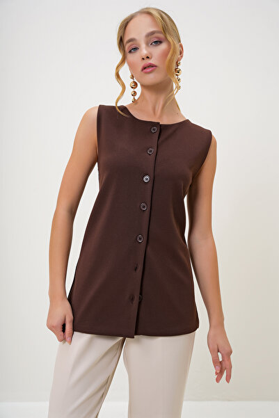 Trend Alaçatı Stili Women's Brown Crew Neck Knitted Crepe Long Vest Alc-X13005