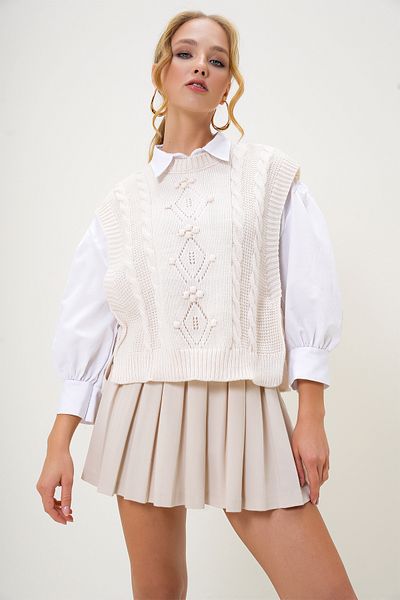 Trend Alaçatı Stili Women's Ecru Crew Neck Side Tie Knitwear Sweater Alc-X12978