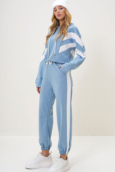 Trend Alaçatı Stili Set hanorac albastru cu glugă și pantaloni de trening cu picior elastic - ALC-X13094