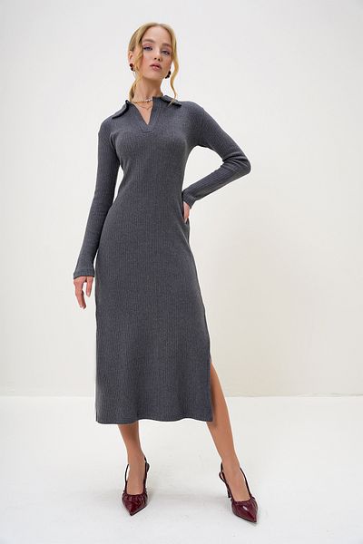 Trend Alaçatı Stili Women's Anthracite Polo Neck Half Placket Side Slit Interlock Fabric Dress Alc-X13121