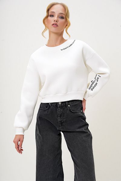 Trend Alaçatı Stili Weißes bedrucktes Damen-Sweatshirt – Rundhalsausschnitt, Raster, drei Fäden ALC-X13178