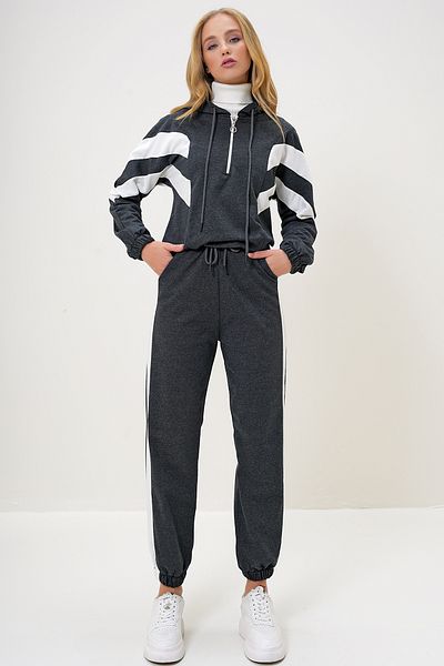 Women's Anthracite Hooded Half Zipper Sweatshirt and Elastic Leg Tracksuit Set Alc-X13092