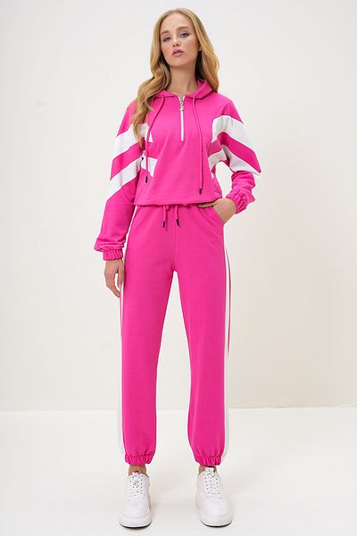 Trend Alaçatı Stili Set de trening pentru femei, fucsia, cu glugă, cu jumătate de fermoar, cu picior elastic ALC-X13092