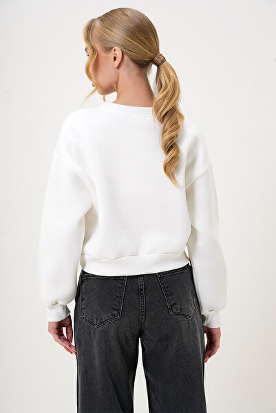 Trend Alaçatı Stili Γυναικείο φούτερ με λευκή στάμπα - Crew Neck, Raster, Three Thread ALC-X13178