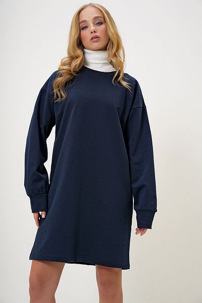 Trend Alaçatı Stili Navy Blue Crew Neck Sweatshirt Dress - Alc-X13137
