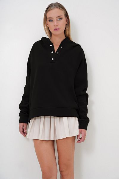 Trend Alaçatı Stili Schwarzes Damen-Sweatshirt mit Kapuze, Druckknopfverschluss, 3 Fäden, Raster-Innenseite, Übergröße ALC-X11146