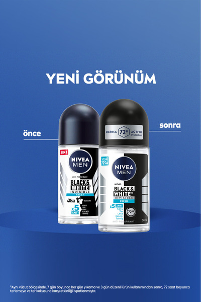 NIVEA MEN Erkek Roll-on Deodorant Black&White Invisible Fresh 50ml, 72 Saat Anti-perspirant Koruma, X2Adet