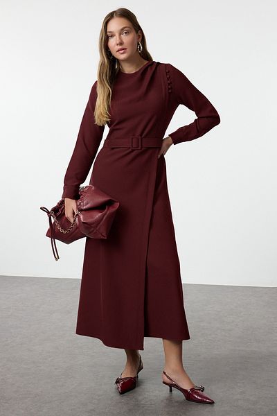 Trendyol Modest Φόρεμα από υφαντό κρεπ με διπλό γιακά μπορντό TCTAW25EB00122