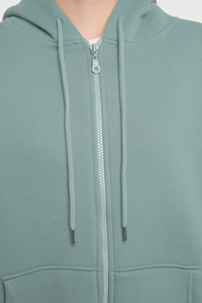 Trendyol Collection Mint Hooded Oversize/Wide Fit Zippered Fleece Inside Knitted Sweatshirt Twoaw21Sw0840