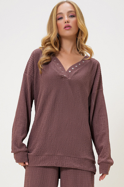 Trend Alaçatı Stili Barna V-nyakú, pattintható, részletes blúz és széles szárú nadrág szett - ALC-X13072