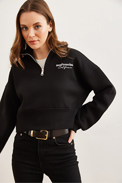 Olalook Kadın Siyah Dik Yaka Fermuarlı Şardonlu Crop Sweatshirt SWT-19000699