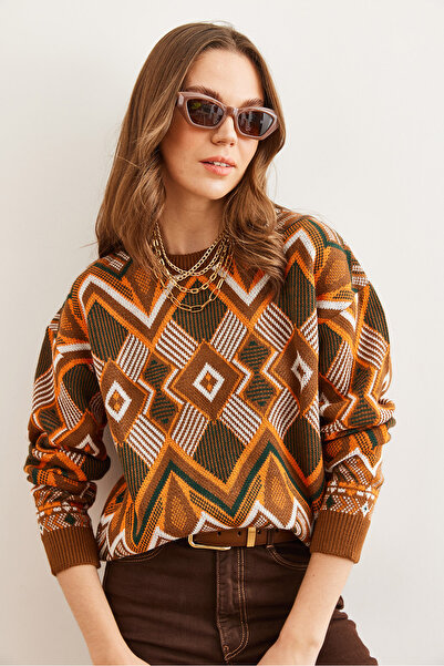 Olalook Women's Knitwear Sweater with Dark Tan Kilim - Kzk- 19000869