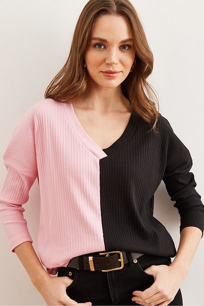 Olalook Rosa-schwarze Farbbluse für Damen mit weicher Textur BLZ- 19002780
