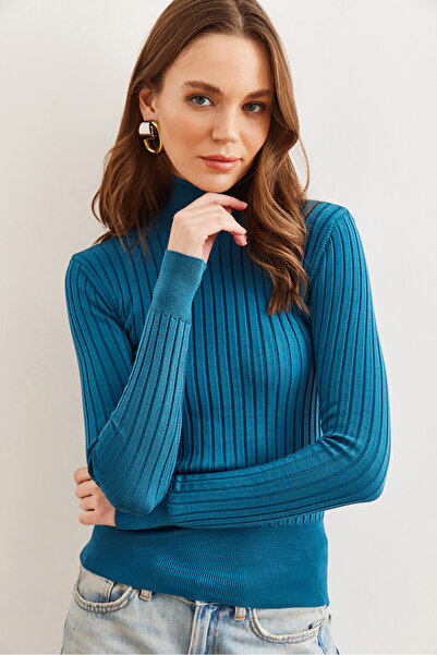 Olalook Pulover de damă, albastru petrol, tricotaj cu nervuri groase KZK- 19000872
