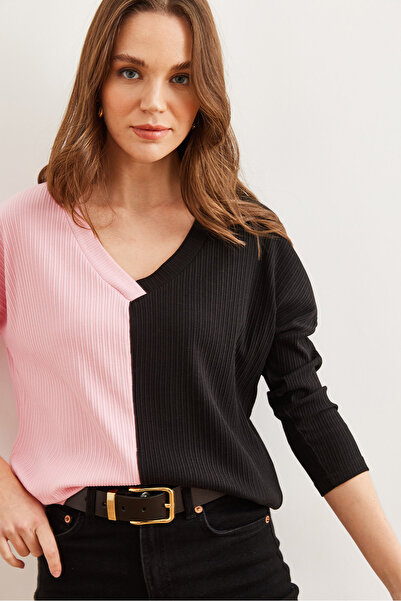 Olalook Női rózsaszín fekete színű blokk puha textúrájú blúz BLZ- 19002780