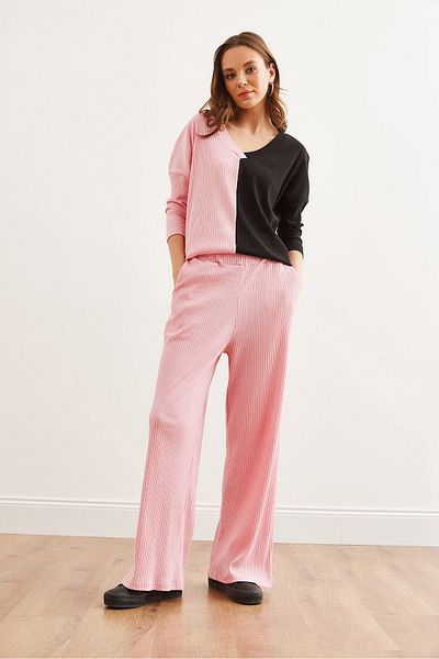 Olalook Pink Soft Textured Women's Wide-Leg Pants with Pockets - Pnt- 19000302