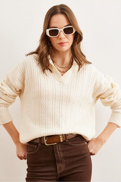 Olalook Women's Ecru Polo Neck Hair Braided Knitwear Sweater Kzk- 19000881