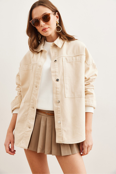 Olalook Women's Stone Bag Pocket Oversize Gabardine Shirt Gml- 19001246