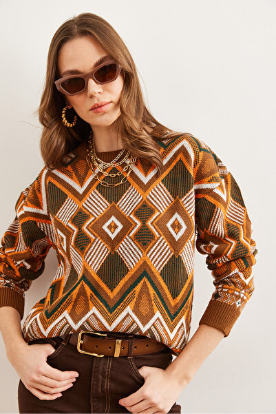 Olalook Дамски трикотажен пуловер с тъмен тен Kilim - Kzk- 19000869