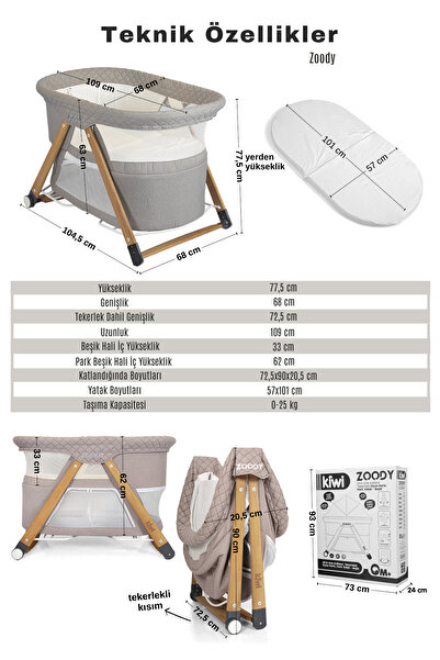 Kiwi Zoody 3 in 1 Bebek Beşiği, Oyun Parkı ve Park Yatak ve Zoody Yatak KW-2041