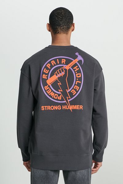 Lee Loose Fit Relaxed Fit Crew Neck Fleece Inside Back Printed Anthracite Sweatshirt