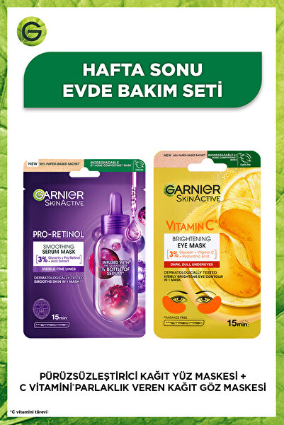 Garnier 2'li Set Pro-Retinol Kağıt Maske, Gliserin+Parlak Aydınlatıcı Göz Maskesi(Gliserin, Hyaluronik Asit)