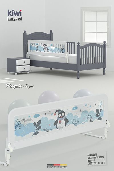 Kiwi Bed Guard Elevator White Color, Penguin Patterned 150 cm Baby Bed Barrier