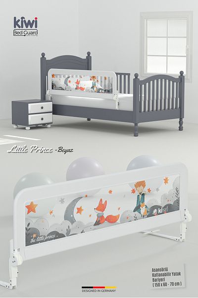 Kiwi White Prince Patterned Children's Bed Barrier with Elevator, 150x60-70 cm