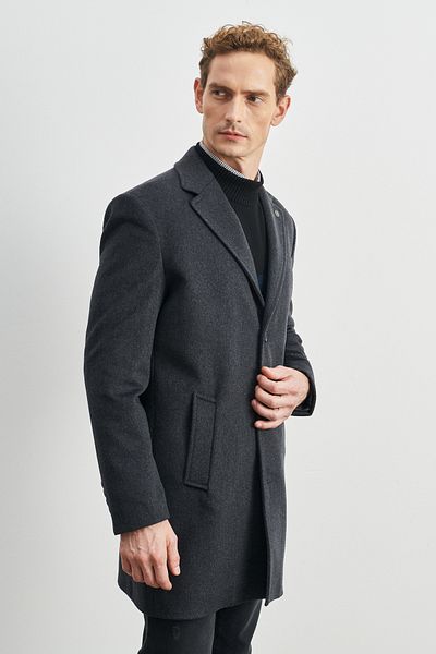 ALTINYILDIZ CLASSICS Ανδρικό παλτό από μαλλί Anthracite Standard Fit κανονικής κοπής μονόχρωμο γιακά