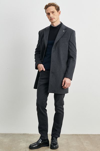 ALTINYILDIZ CLASSICS Ανδρικό παλτό από μαλλί Anthracite Standard Fit κανονικής κοπής μονόχρωμο γιακά
