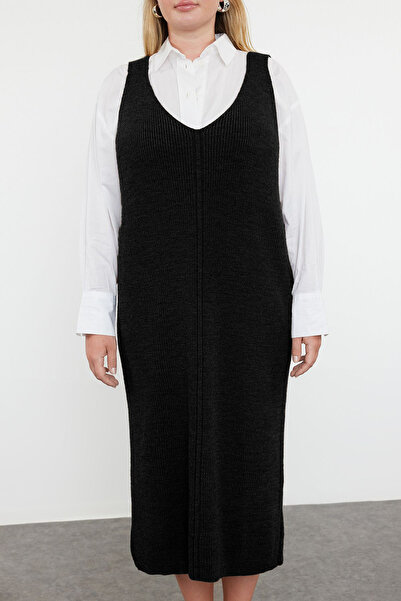 Trendyol Curve Μαύρο Gilet Midi Πλεκτό Φόρεμα TBBAW25AH00008