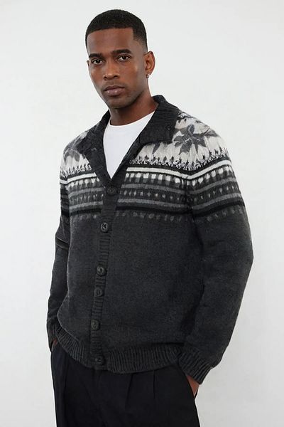 Trendyol Collection Men's Gray Ethnic Knitwear Cardigan - Half Turtleneck, Regular Fit TMNAW25HI00001