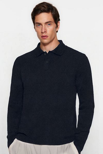 Trendyol Collection Πλεκτό πουλόβερ με υφή Navy Blue Regular Polo γιακά TMNAW25KZ00078