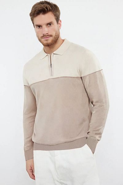 Trendyol Collection Ecru Slim Slim Fit Polo límec Color Block Pletený svetr Tmnaw25Kz00050