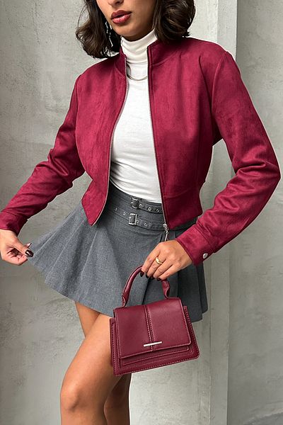 Edit by Trendyol Vínový semiš Regular Short Coat Tedaw25Mo00007