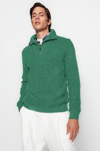Trendyol Collection Mintfarbener Rollkragenpullover aus Wolle mit normaler Passform und Reißverschluss TMNAW22KZ0347