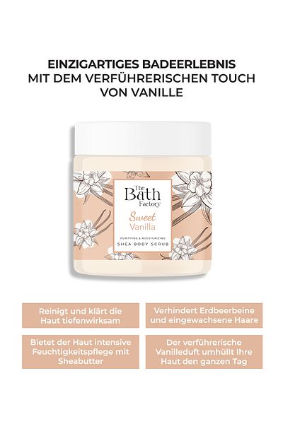 THE BATH FACTORY Feuchtigkeitsspendendes und reinigendes Shea-Körperpeeling - Vanillegeschmack 300gr