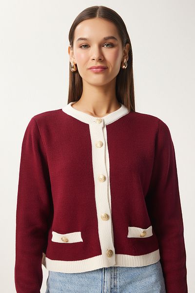 Happiness İstanbul Burgunderrote, kontrastfarbene, stilvolle Strickjacke mit Knöpfen für Damen DP00223