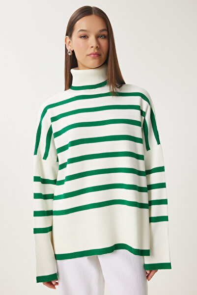 Happiness İstanbul Women's Green Bone Turtleneck Oversize Striped Knitwear Sweater BV00014