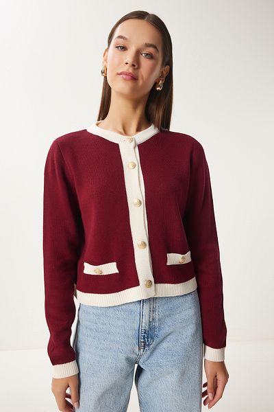 Happiness İstanbul Burgunderrote, kontrastfarbene, stilvolle Strickjacke mit Knöpfen für Damen DP00223