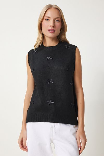 Happiness İstanbul Women's Black Bow Knitwear Sweater Pf00079