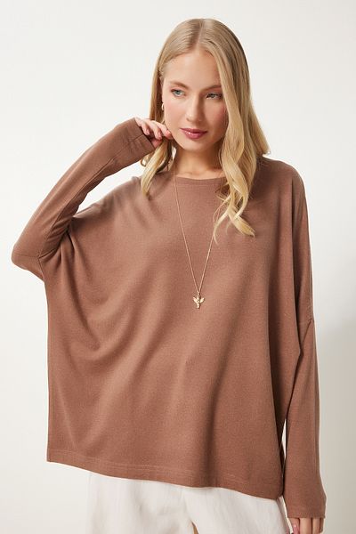 Happiness İstanbul Nerzfarbene Damen-Strickbluse mit Fledermausärmeln und Rundhalsausschnitt EN00616