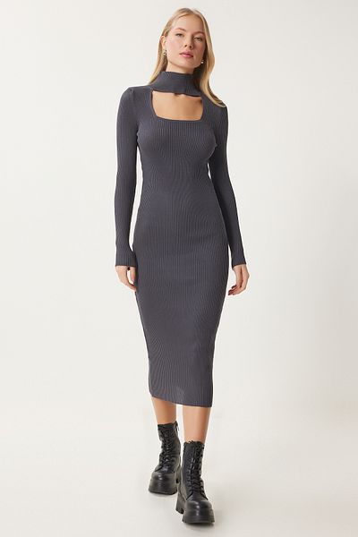 Happiness İstanbul Women's Smoked Cut Out Detailed Stand Collar Ribbed Knitwear Dress Fn03388