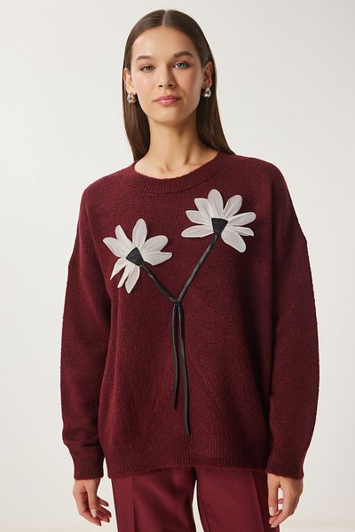 Happiness İstanbul Damen-Strickpullover mit Blumenmuster in Burgunderrot PF00103