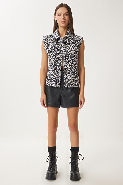 Happiness İstanbul Дамска дънкова жилетка с яка и яка на риза в цвят екрю Fn03418