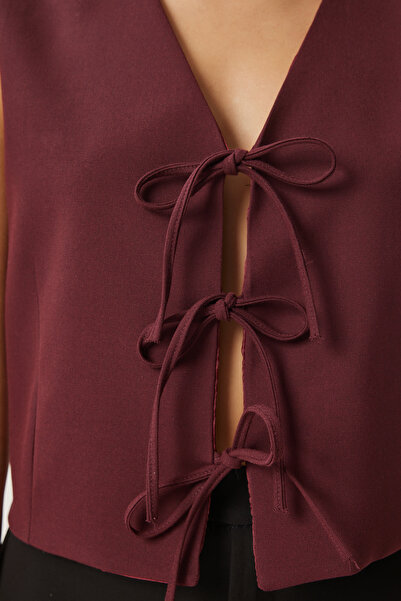 Happiness İstanbul Women's Burgundy Bow Tie Woven Vest Gp00013