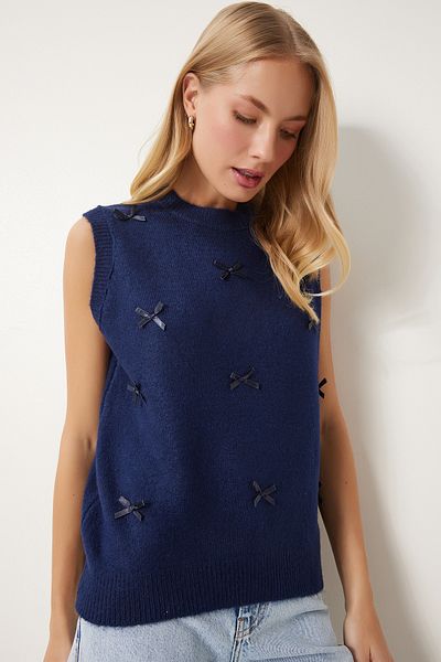 Happiness İstanbul Marineblauer Strickpullover mit Schleife für Damen PF00079