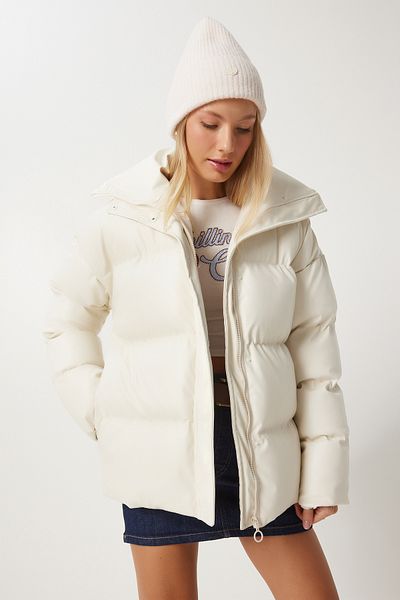 Happiness İstanbul Women's Ecru Stand Collar Faux Leather Puffer Jacket Pys0029