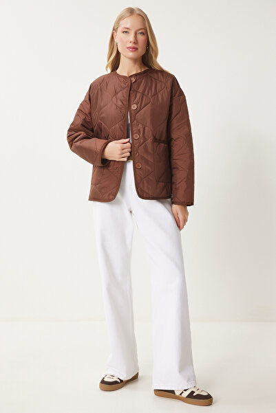 Happiness İstanbul Γυναικείο καπιτονέ μπουφάν με φαρδιά τσέπη καφέ FN03395